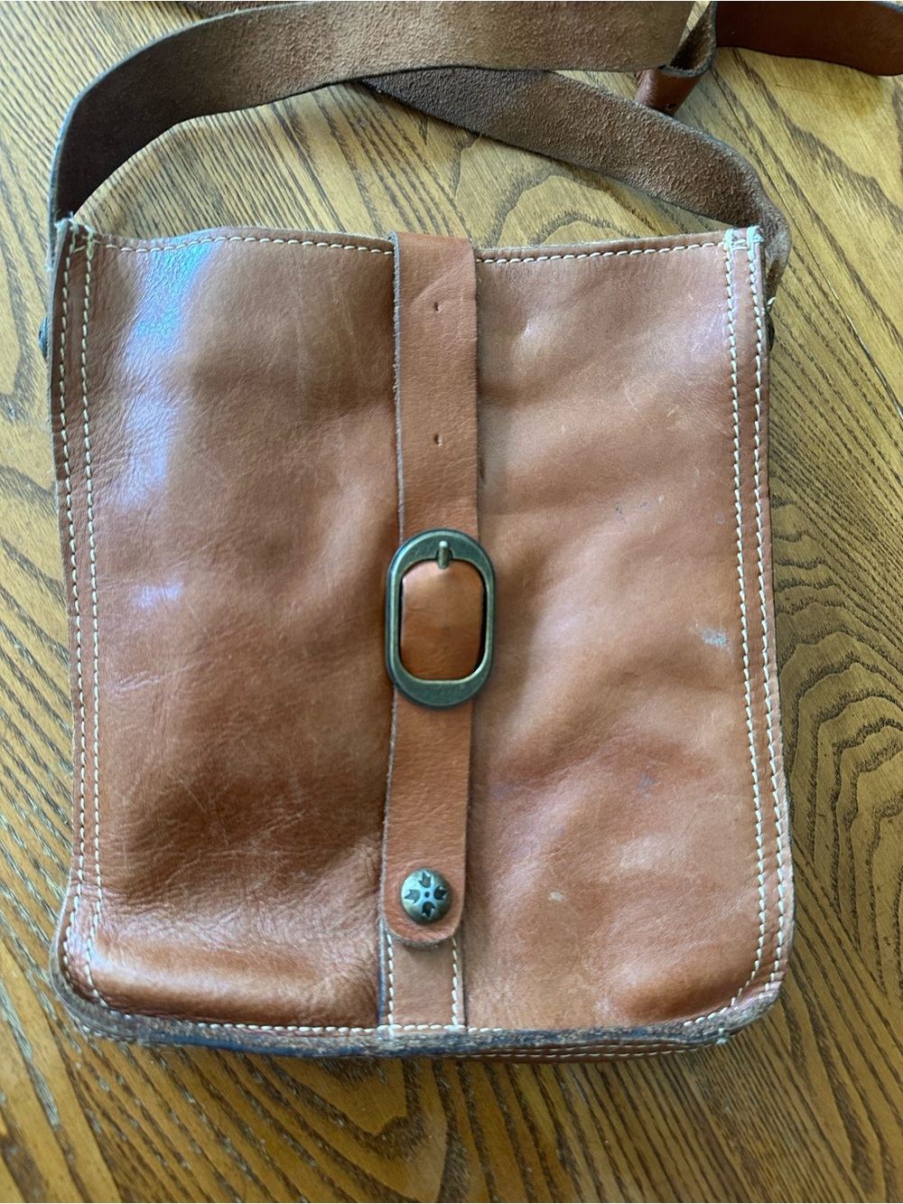 Patricia Nash Tan Brown Leather Crossbody Bag with Buckle Accent
